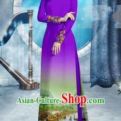 Traditional Top Grade Asian Vietnamese Ha Festival Printing Bride Handmade Ao Dai Dress, Vietnam National Jing Nationality Princess Cheongsam Costumes for Women