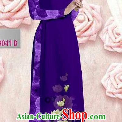 Traditional Top Grade Asian Vietnamese Ha Festival 3D Printing Bride Ao Dai Dress, Vietnam National Jing Nationality Princess Deep Purple Cheongsam Costumes for Women