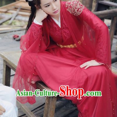 Traditional Chinese Ancient Ming Dynasty Swordswoman Costume, New Dragon Gate Inn Landlady Heroine Hanfu Embroidered Red Clothing and Handmade Headpiece Complete Set