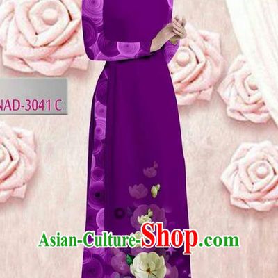 Traditional Top Grade Asian Vietnamese Ha Festival 3D Printing Bride Ao Dai Dress, Vietnam National Jing Nationality Princess Violet Cheongsam Costumes for Women