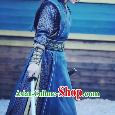 Traditional Chinese Ancient Ming Dynasty Swordsman Costumes and Handmade Headpiece Complete Set, New Dragon Gate Inn Knight Robe Clothing for Men