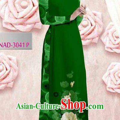 Traditional Top Grade Asian Vietnamese Ha Festival 3D Printing Bride Ao Dai Dress, Vietnam National Jing Nationality Princess Green Cheongsam Costumes for Women