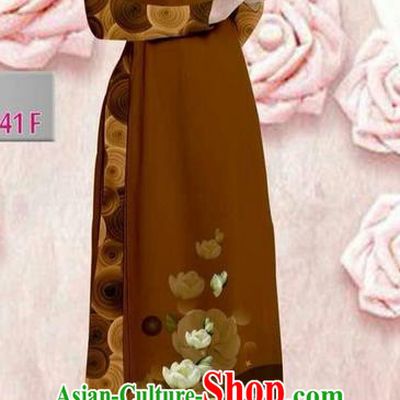 Traditional Top Grade Asian Vietnamese Ha Festival 3D Printing Bride Ao Dai Dress, Vietnam National Jing Nationality Princess Brown Cheongsam Costumes for Women