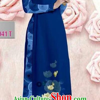 Traditional Top Grade Asian Vietnamese Ha Festival 3D Printing Bride Ao Dai Dress, Vietnam National Jing Nationality Princess Blue Cheongsam Costumes for Women