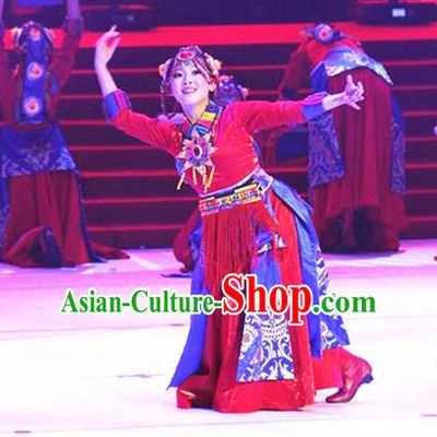 Traditional Chinese Zang Nationality Dancing Costume, Tibetan Female Folk Dance Ethnic Pleated Skirt, Chinese Minority Nationality Red Dress for Women
