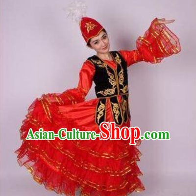 Traditional Chinese Kazak Nationality Dancing Costume, Folk Dance Ethnic Clothing, Chinese Hazak Minority Nationality Dance Dress for Women
