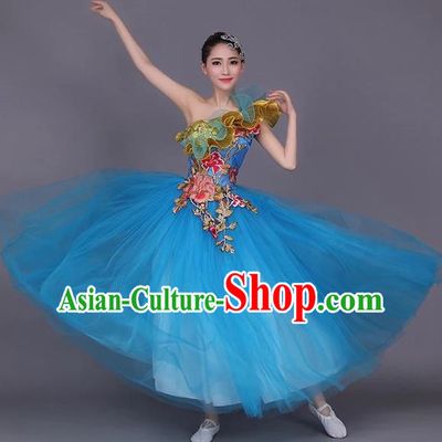 Top Grade Compere Professional Performance Costume, Chorus Formal Dress Modern Dance Blue Bubble Dress for Women
