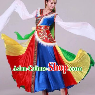 Traditional Chinese Zang Nationality Dancing Costume, Tibetan Female Dance Water Sleeve Dress, Chinese Minority Nationality Red Dress for Women
