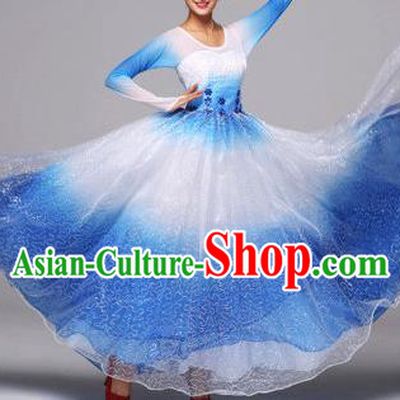 Top Grade Compere Professional Compere Costume, Chorus Dress Modern Opening Dance Big Swing Blue Dress for Women