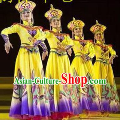 Traditional Chinese Mongol Nationality Dancing Costume, Mongols Female Folk Dance Ethnic Dress, Chinese Mongolian Minority Nationality Embroidery Clothing for Women
