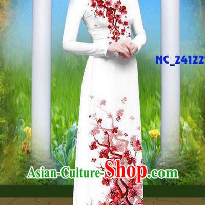 Traditional Top Grade Asian Vietnamese Ha Festival 3D Printing Azalea Bride Ao Dai Dress, Vietnam National Jing Nationality Princess Cheongsam Costumes for Women