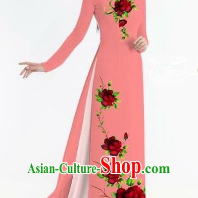 Traditional Top Grade Asian Vietnamese Ha Festival Bride Printing Ao Dai Dress, Vietnam National Jing Nationality Princess Watermelon Red Cheongsam Costumes for Women
