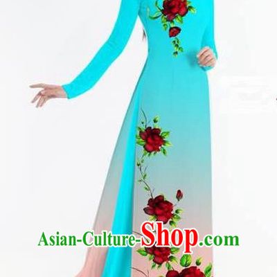 Traditional Top Grade Asian Vietnamese Ha Festival Bride Printing Ao Dai Dress, Vietnam National Jing Nationality Princess Blue Cheongsam Costumes for Women