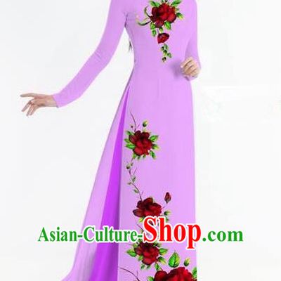 Traditional Top Grade Asian Vietnamese Ha Festival Bride Printing Ao Dai Dress, Vietnam National Jing Nationality Princess Purple Cheongsam Costumes for Women