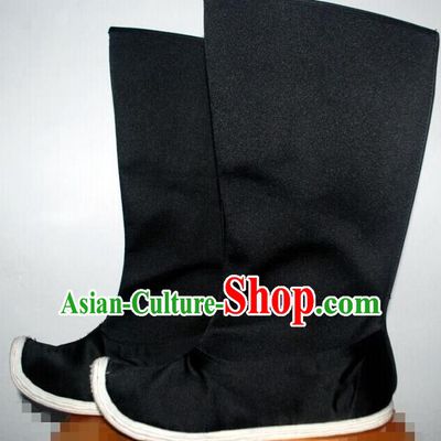 Traditional Chinese Peking Opera Shoes, China Ancient Eunuch Boots, Chinese Qing Dynasty Minister Black Become Warped Head Boots for Men