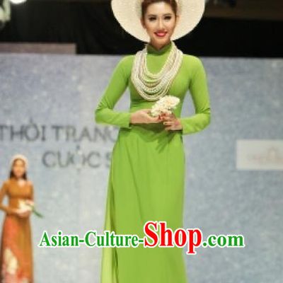 Traditional Top Grade Asian Vietnamese Ha Festival Bride Ao Dai Dress, Vietnam National Jing Nationality Princess Green Cheongsam Costumes for Women