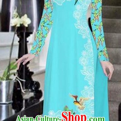 Traditional Top Grade Asian Vietnamese Ha Festival Bride Printing Peony Blue Ao Dai Dress, Vietnam Women National Jing Nationality Princess Cheongsam Costumes
