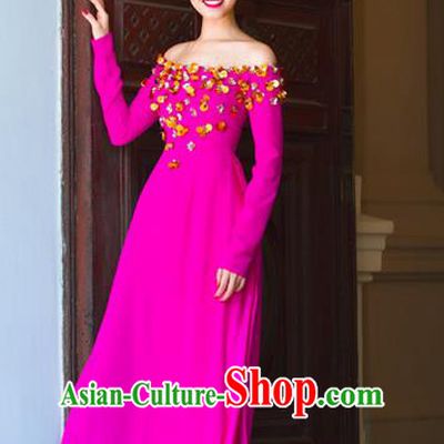 Traditional Top Grade Asian Vietnamese Ha Festival Bride Off Shoulder Ao Dai Dress, Vietnam National Jing Nationality Princess Cheongsam Costumes for Women