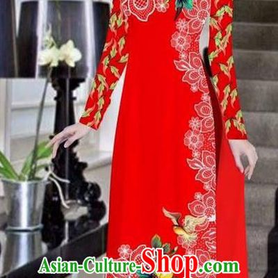 Traditional Top Grade Asian Vietnamese Ha Festival Bride Printing Peony Red Ao Dai Dress, Vietnam Women National Jing Nationality Princess Cheongsam Costumes