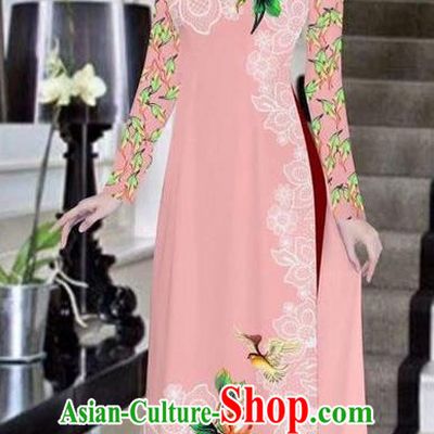 Traditional Top Grade Asian Vietnamese Ha Festival Bride Printing Peony Pink Ao Dai Dress, Vietnam Women National Jing Nationality Princess Cheongsam Costumes