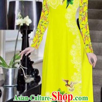 Traditional Top Grade Asian Vietnamese Ha Festival Bride Printing Peony Yellow Ao Dai Dress, Vietnam Women National Jing Nationality Princess Cheongsam Costumes