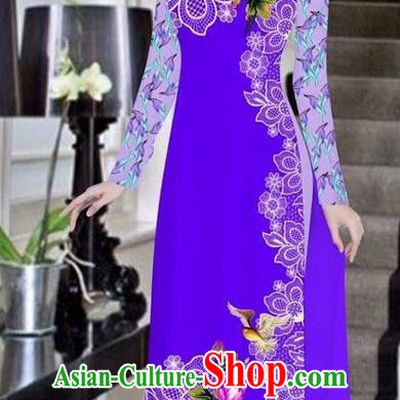 Traditional Top Grade Asian Vietnamese Ha Festival Bride Printing Peony Purple Ao Dai Dress, Vietnam Women National Jing Nationality Princess Cheongsam Costumes