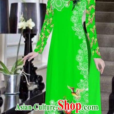 Traditional Top Grade Asian Vietnamese Ha Festival Bride Printing Peony Green Ao Dai Dress, Vietnam Women National Jing Nationality Princess Cheongsam Costumes