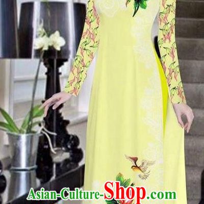 Traditional Top Grade Asian Vietnamese Ha Festival Bride Printing Peony Light Yellow Ao Dai Dress, Vietnam Women National Jing Nationality Princess Cheongsam Costumes