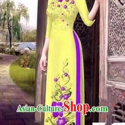 Traditional Top Grade Asian Vietnamese Ha Festival Bride Printing Ao Dai Dress, Vietnam Women National Jing Nationality Princess Cheongsam Costumes