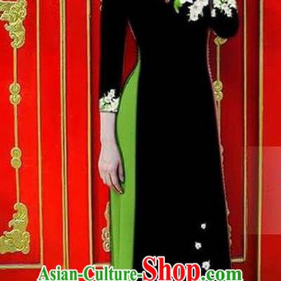 Traditional Top Grade Asian Vietnamese Ha Festival Bride Printing Ao Dai Dress, Vietnam Women National Jing Nationality Princess Black Cheongsam Costumes