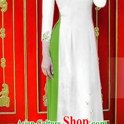 Traditional Top Grade Asian Vietnamese Ha Festival Bride Printing Ao Dai Dress, Vietnam Women National Jing Nationality Princess White Cheongsam Costumes