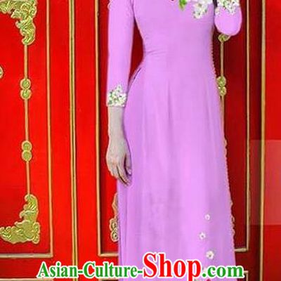 Traditional Top Grade Asian Vietnamese Ha Festival Bride Printing Ao Dai Dress, Vietnam Women National Jing Nationality Princess Lilac Cheongsam Costumes