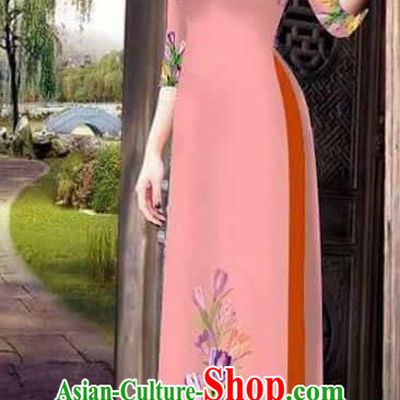 Traditional Top Grade Asian Vietnamese Ha Festival Printing Ao Dai Dress, Vietnam Women National Jing Nationality Princess Pink Cheongsam Bride Costumes