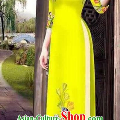 Traditional Top Grade Asian Vietnamese Ha Festival Printing Ao Dai Dress, Vietnam Women National Jing Nationality Princess Yellow Cheongsam Bride Costumes