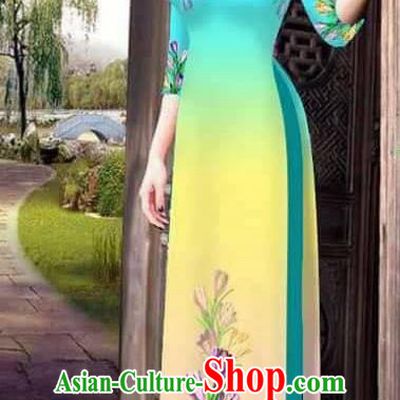 Traditional Top Grade Asian Vietnamese Ha Festival Printing Ao Dai Dress, Vietnam Women National Jing Nationality Princess Light Blue Cheongsam Bride Costumes