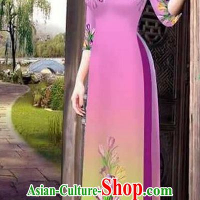 Traditional Top Grade Asian Vietnamese Ha Festival Printing Ao Dai Dress, Vietnam Women National Jing Nationality Princess Rosy Cheongsam Bride Costumes