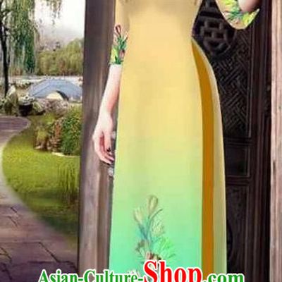 Traditional Top Grade Asian Vietnamese Ha Festival Printing Ao Dai Dress, Vietnam Women National Jing Nationality Princess Gradient Yellow Cheongsam Bride Costumes