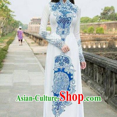 Traditional Top Grade Asian Vietnamese Ha Festival Printing Ao Dai Dress, Vietnam Women National Jing Nationality Princess Blue and White Porcelain Cheongsam Bride Costumes