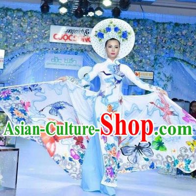 Traditional Top Grade Asian Vietnamese Ha Festival Hand Painting Ao Dai Dress, Vietnam Women National Jing Nationality Princess Cheongsam Bride Costumes