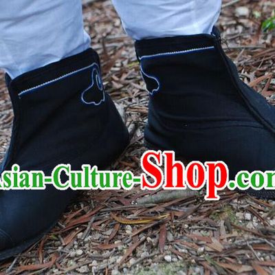 Traditional Chinese Peking Opera Shoes, China Ancient Short Boots, Chinese Kung fu Black Cloth Boots for Men
