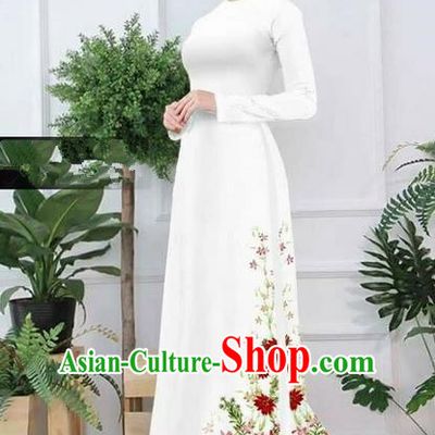 Traditional Top Grade Asian Vietnamese Ha Festival Printing Ao Dai Dress, Vietnam Women National Jing Nationality Princess White Cheongsam Bride Costumes