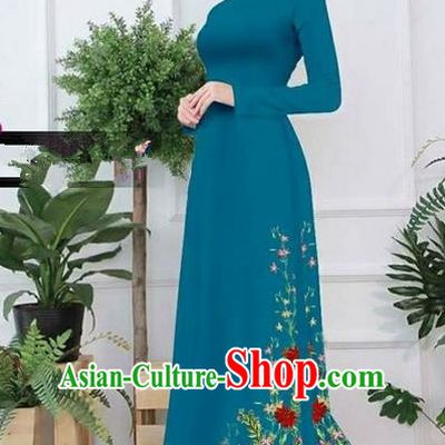 Traditional Top Grade Asian Vietnamese Ha Festival Printing Ao Dai Dress, Vietnam Women National Jing Nationality Princess Blue Cheongsam Bride Costumes