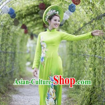 Traditional Top Grade Asian Vietnamese Ha Festival Printing Ao Dai Dress, Vietnam Women National Jing Nationality Princess Green Cheongsam Bride Costumes