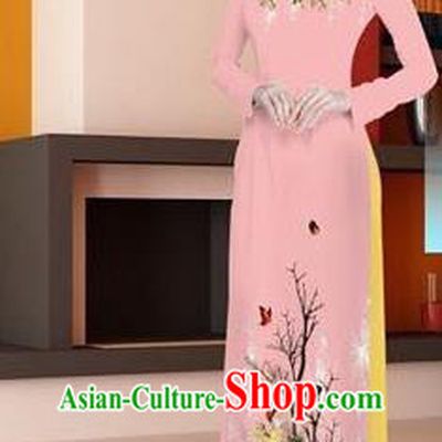 Traditional Top Grade Asian Vietnamese Ha Festival Printing Ao Dai Dress, Vietnam Women National Jing Nationality Princess Pink Cheongsam Bride Costumes