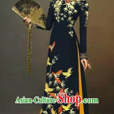 Traditional Top Grade Asian Vietnamese Ha Festival Printing Cranes Ao Dai Dress, Vietnam Women National Jing Nationality Queen Black Cheongsam Bride Costumes
