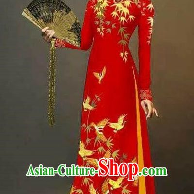 Traditional Top Grade Asian Vietnamese Ha Festival Printing Cranes Ao Dai Dress, Vietnam Women National Jing Nationality Queen Red Cheongsam Bride Costumes
