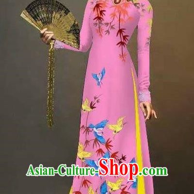 Traditional Top Grade Asian Vietnamese Ha Festival Printing Cranes Ao Dai Dress, Vietnam Women National Jing Nationality Queen Pink Cheongsam Bride Costumes