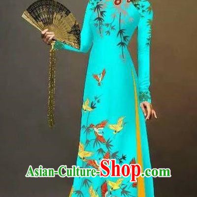 Traditional Top Grade Asian Vietnamese Ha Festival Printing Cranes Ao Dai Dress, Vietnam Women National Jing Nationality Queen Blue Cheongsam Bride Costumes