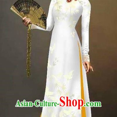 Traditional Top Grade Asian Vietnamese Ha Festival Printing Cranes Ao Dai Dress, Vietnam Women National Jing Nationality Queen White Cheongsam Bride Costumes