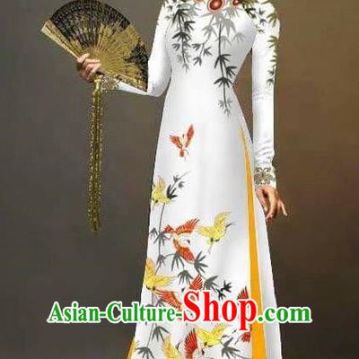 Traditional Top Grade Asian Vietnamese Ha Festival Printing Cranes Ao Dai Dress, Vietnam Women National Jing Nationality Queen Cheongsam Bride Costumes